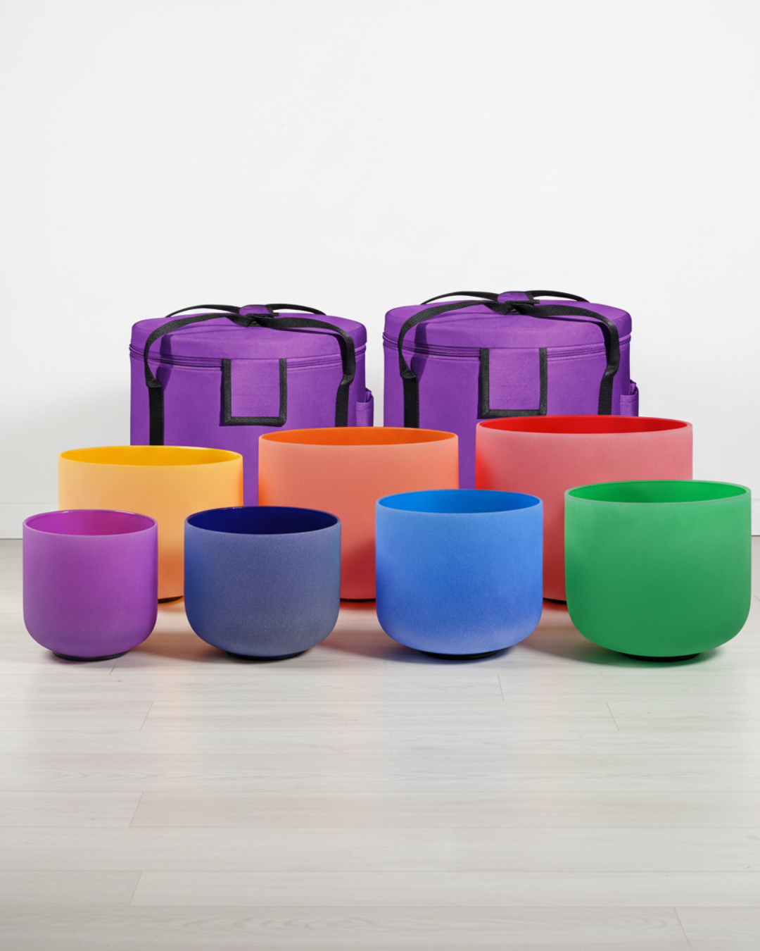 Set de 7 Cuencos de Cuarzo de Colores - Colores Puros 432 Hz Afinación Precisa (6" - 12") + Bolsos