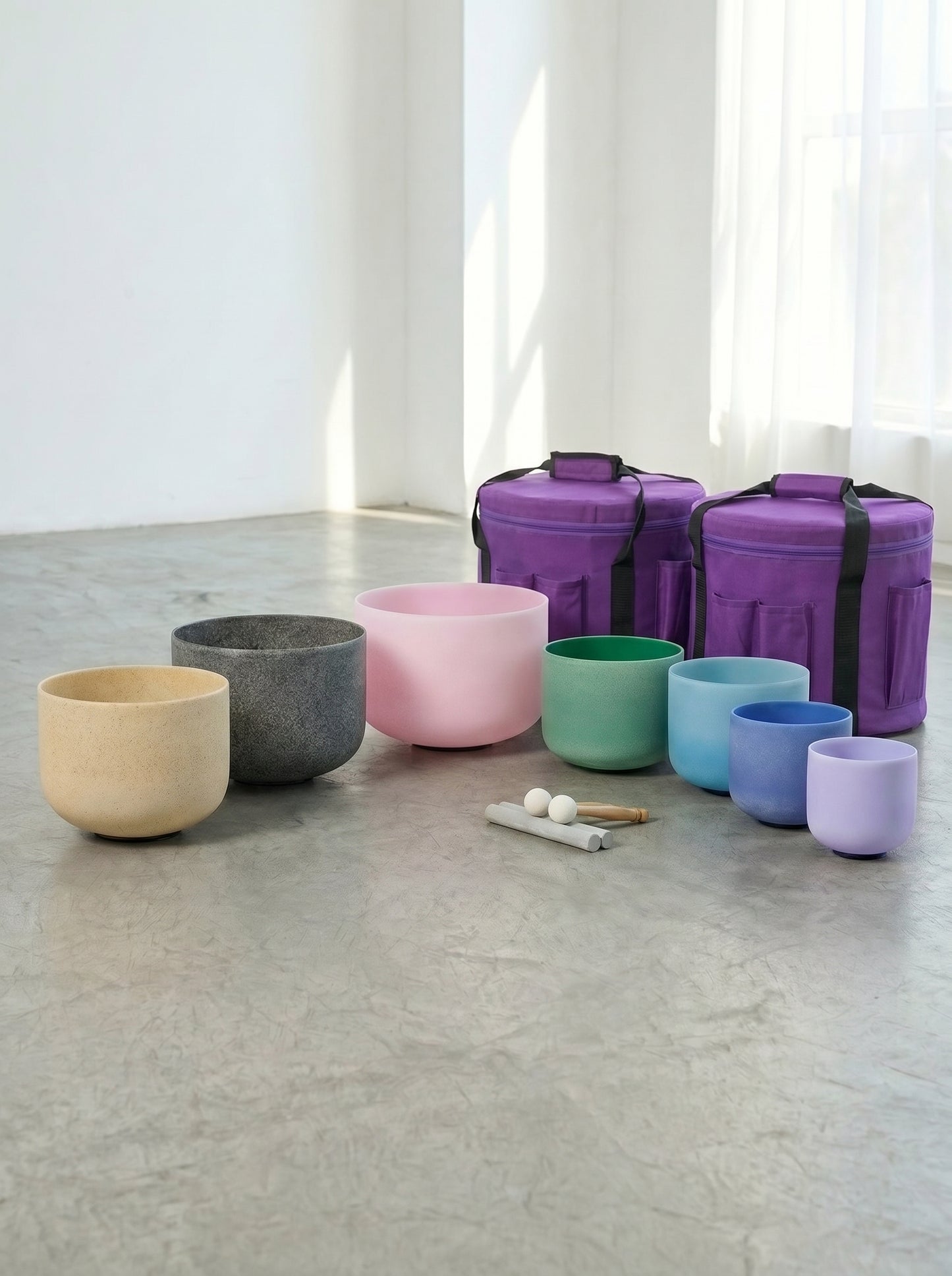 Set de 7 Cuencos de Cuarzo Gemstone 8" - 14"  · 432 Hz + Bolsos