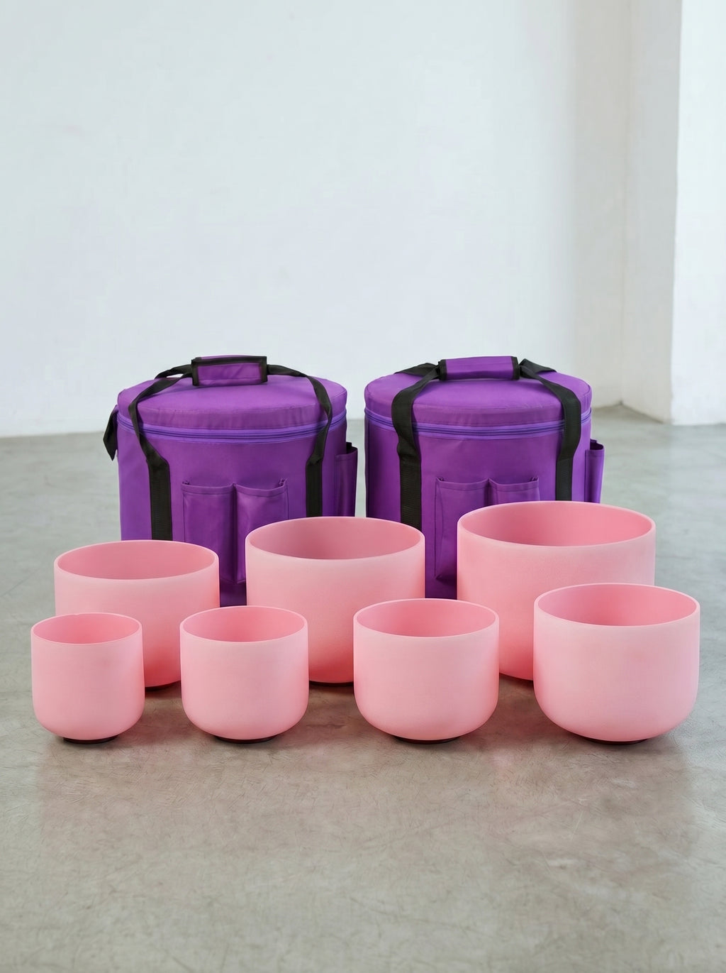 Set de 7 Cuencos de Cuarzo Rosa Pastel  6" - 12"  · 432 Hz