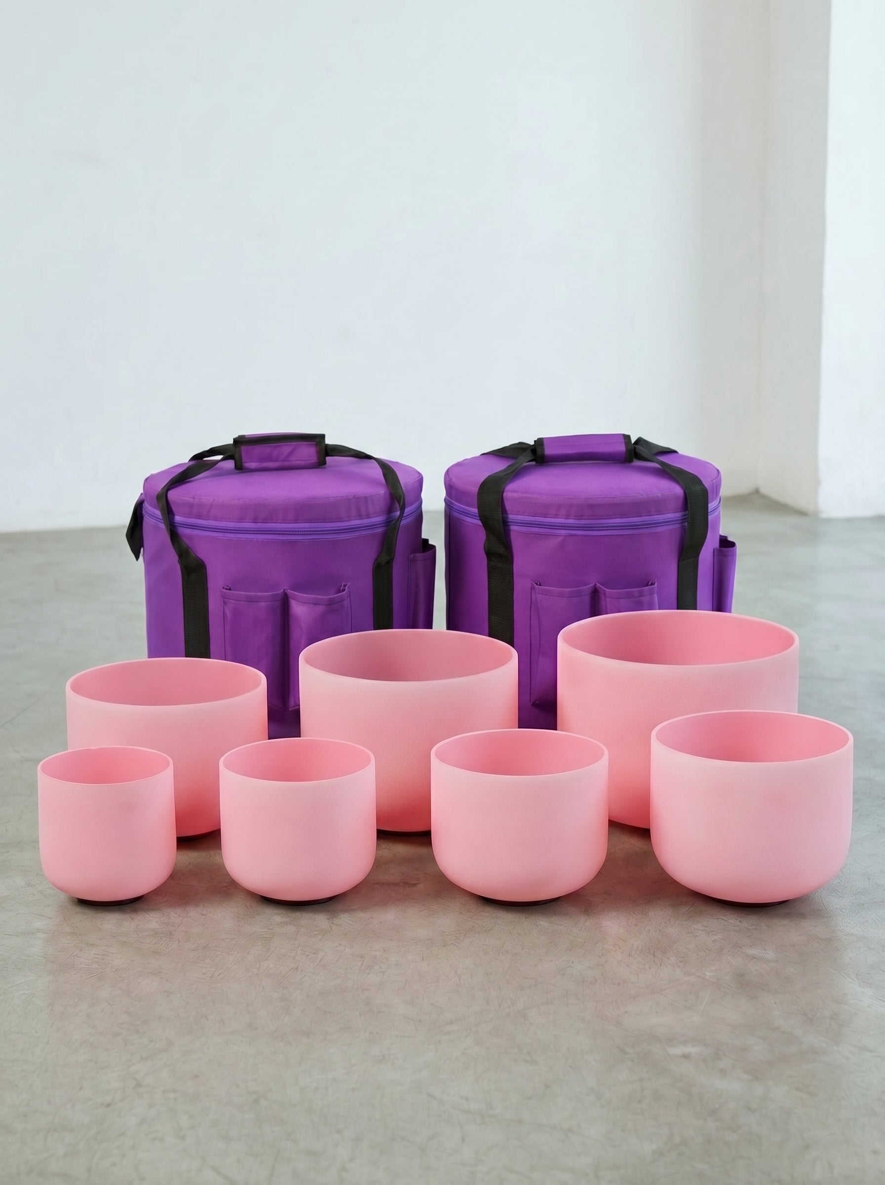 Set de 7 Cuencos de Cuarzo Rosa Pastel  6" - 12"  · 432 Hz