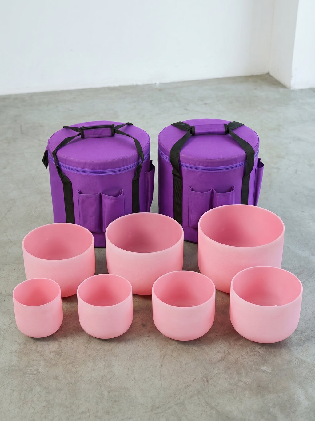 Set de 7 Cuencos de Cuarzo Rosa Pastel  6" - 12"  · 432 Hz
