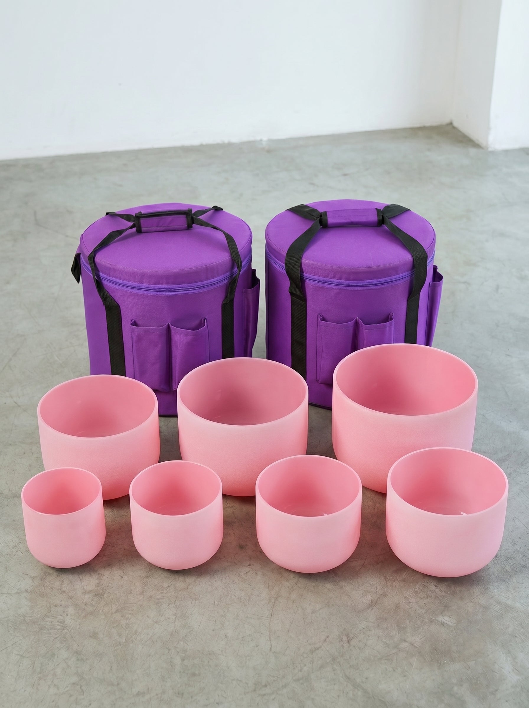Set de 7 Cuencos de Cuarzo Rosa Pastel  6" - 12"  · 432 Hz