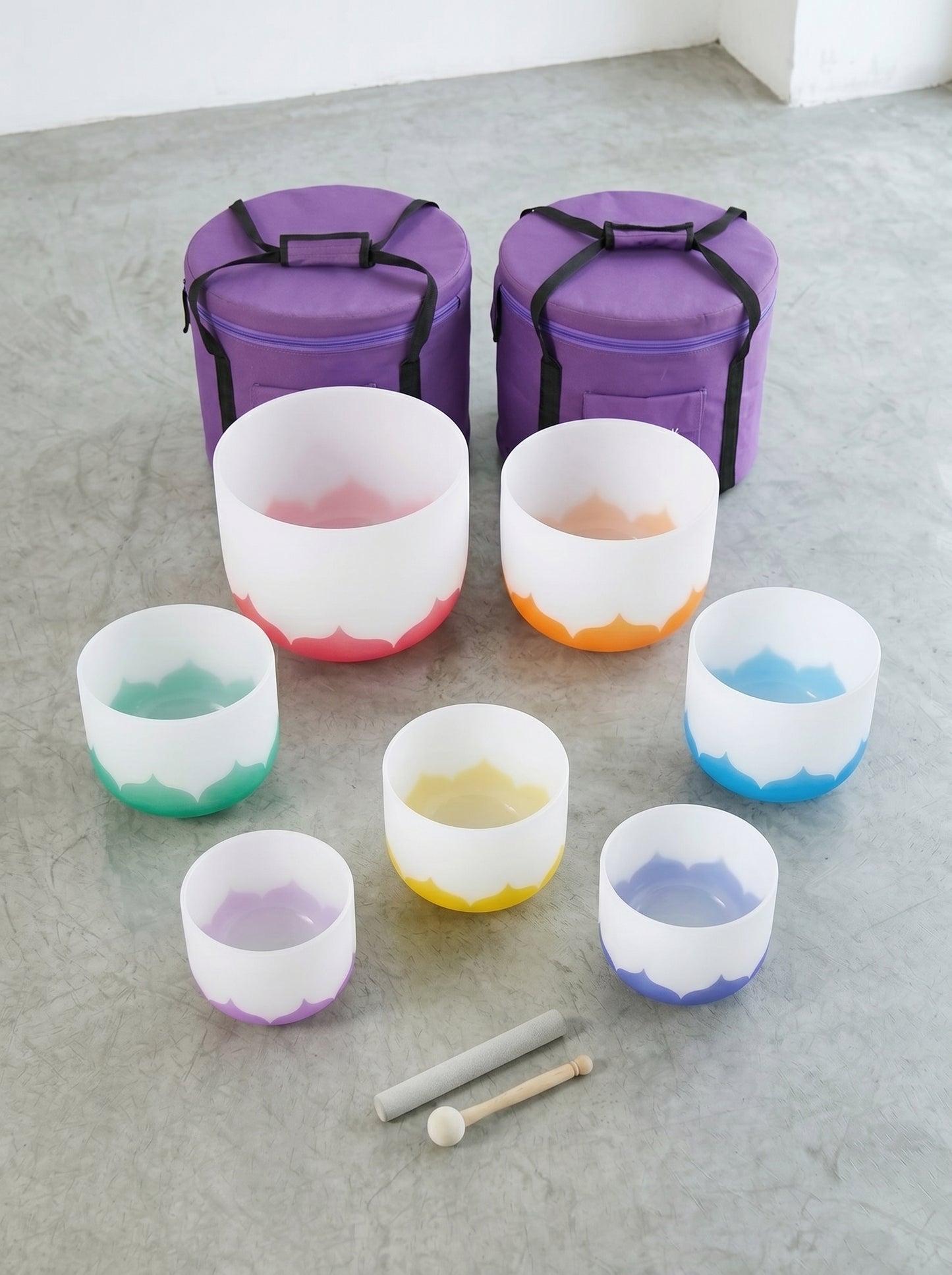 Set de 7 Cuencos de Cuarzo de Colores - Flor de Loto 432 Hz Afinación Precisa (8" - 14") + Bolsos