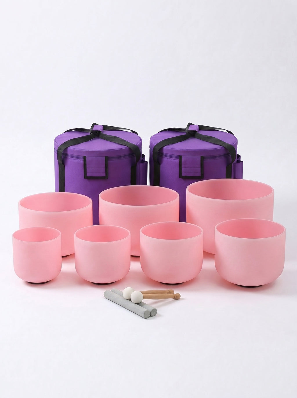 Set de 7 Cuencos de Cuarzo Rosa Pastel  6" - 12"  · 432 Hz