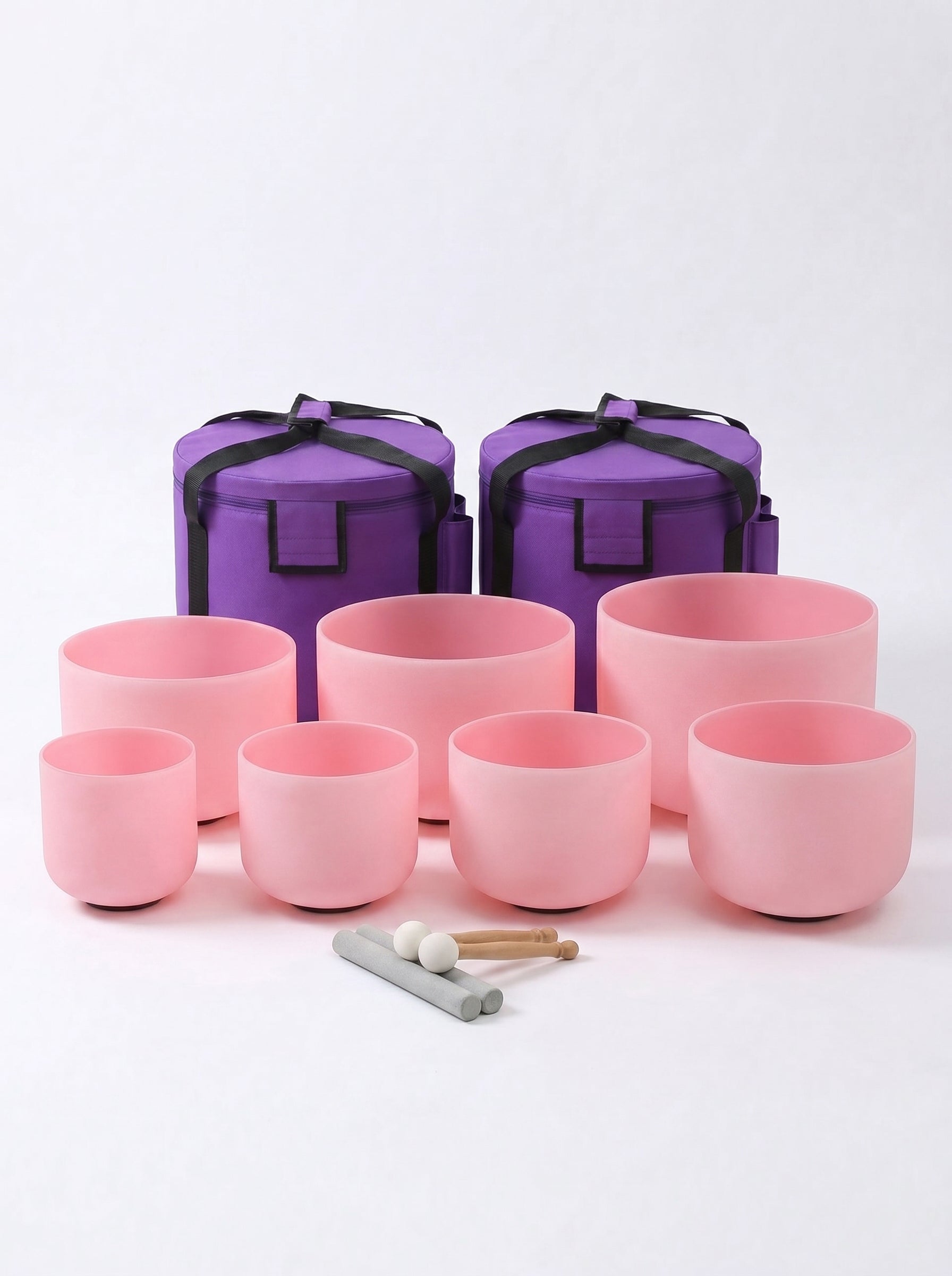 Set de 7 Cuencos de Cuarzo Rosa Pastel  6" - 12"  · 432 Hz