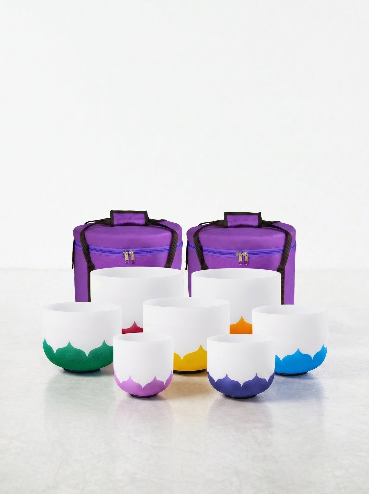 Set de 7 Cuencos de Cuarzo de Colores - Flor de Loto 432 Hz Afinación Precisa (8" - 14") + Bolsos