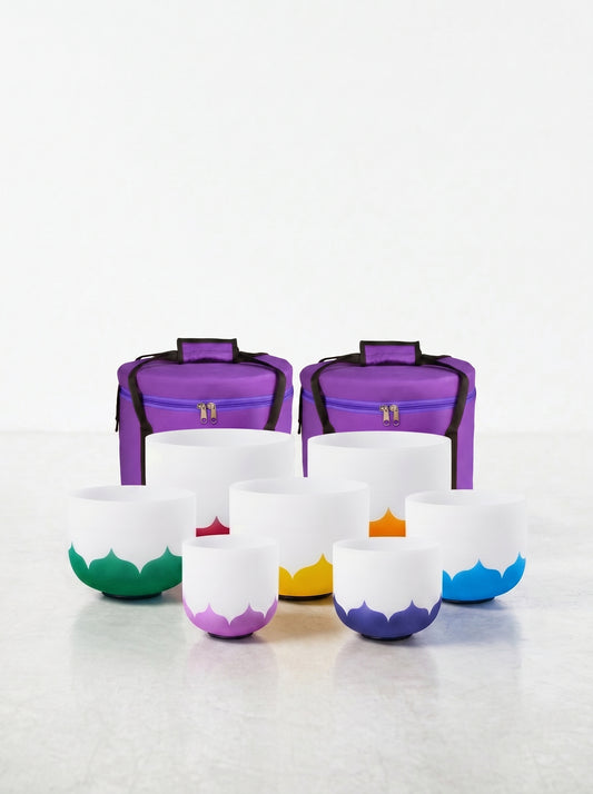 Set de 7 Cuencos de Cuarzo de Colores - Flor de Loto 432 Hz Afinación Precisa (8" - 14") + Bolsos