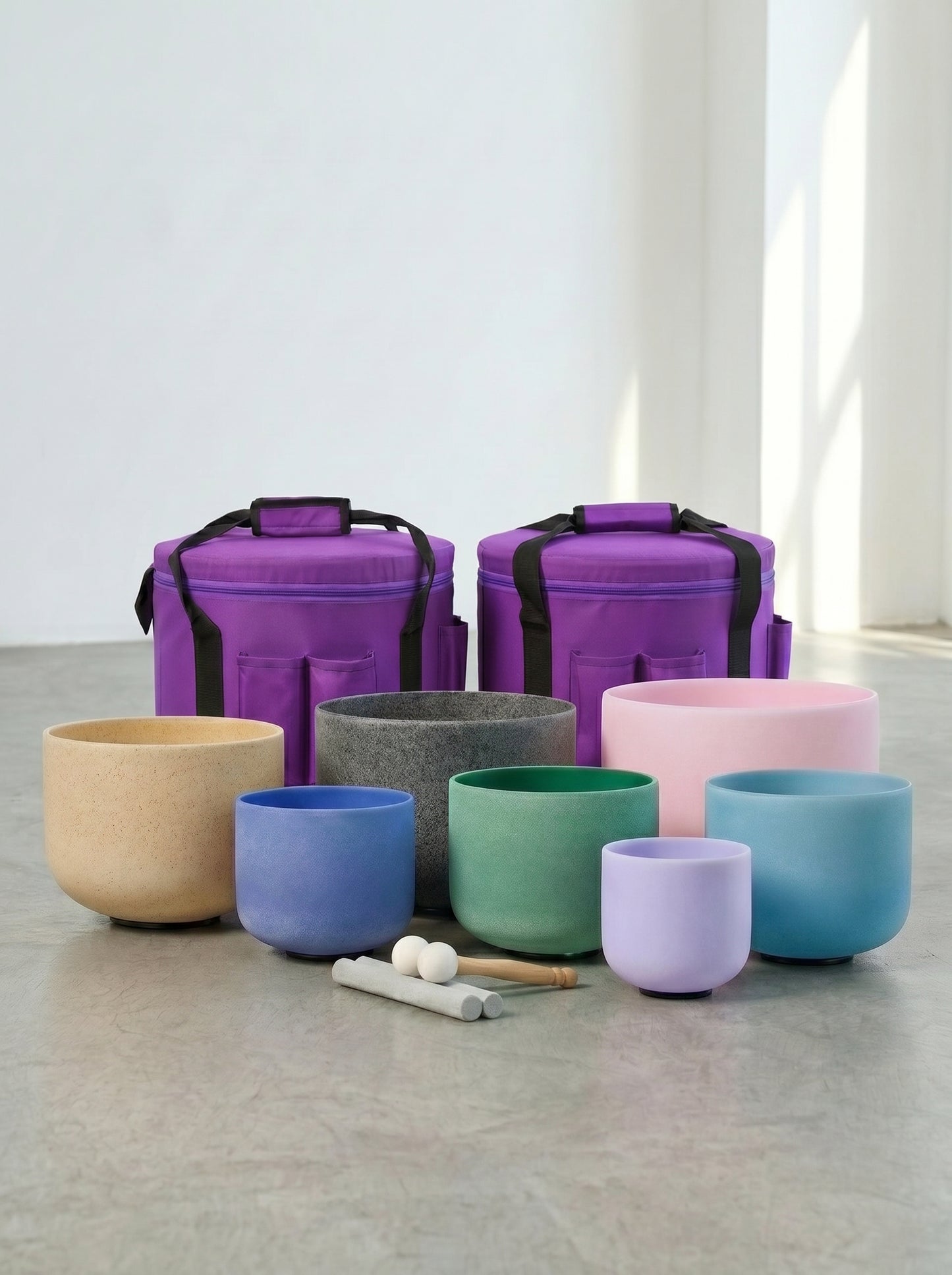 Set de 7 Cuencos de Cuarzo Gemstone 8" - 14"  · 432 Hz + Bolsos
