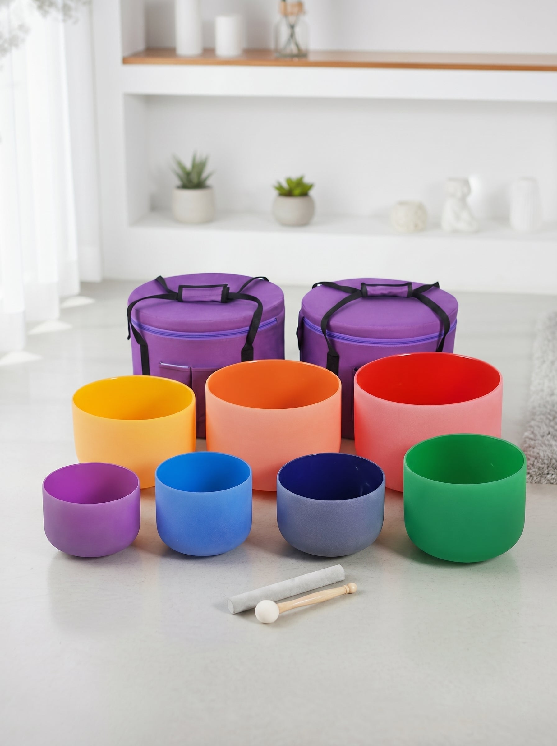 Set de 7 Cuencos de Cuarzo de Colores - Colores Puros 432 Hz Afinación Precisa (6" - 12") + Bolsos