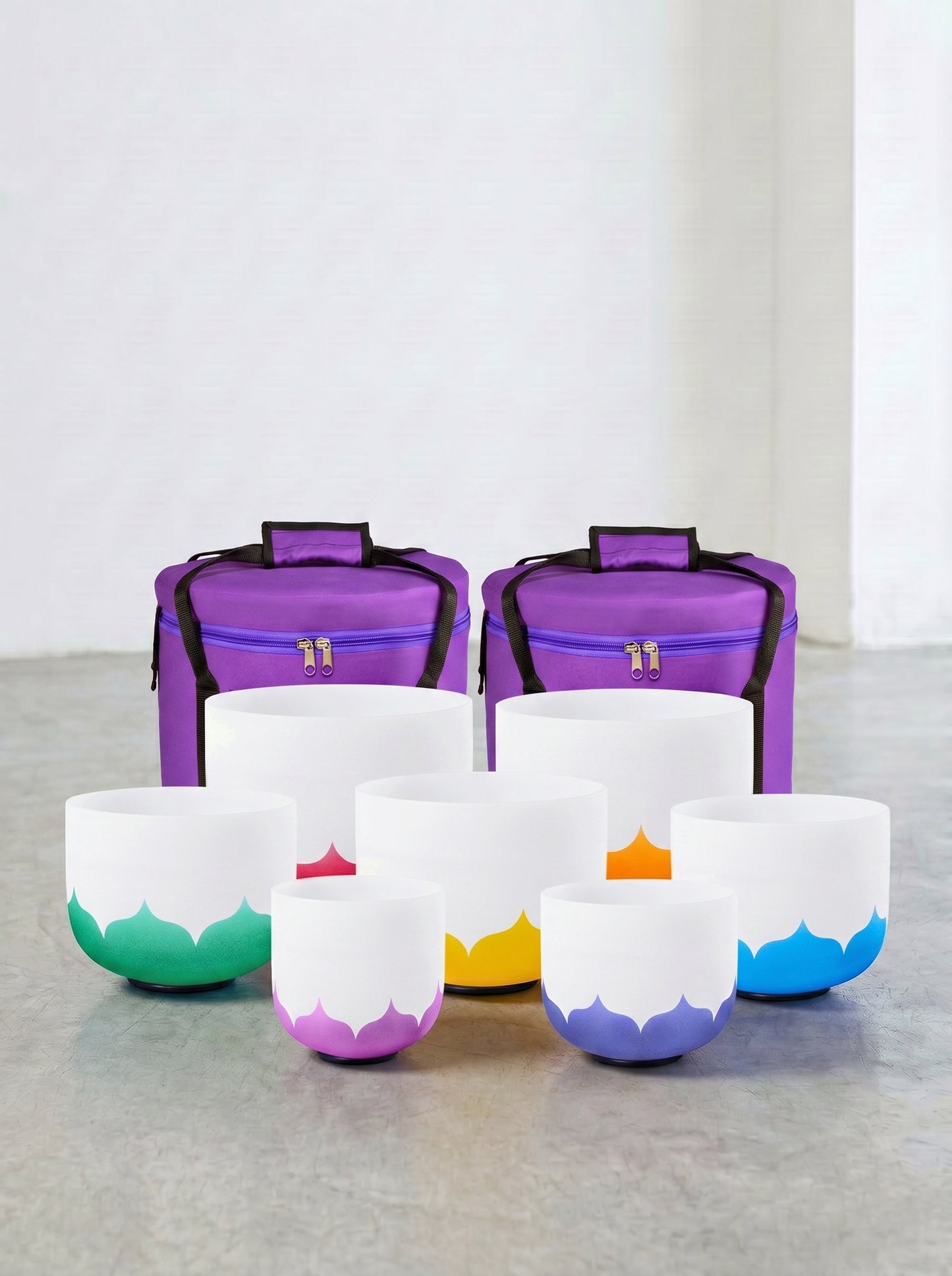 Set de 7 Cuencos de Cuarzo de Colores - Flor de Loto 432 Hz Afinación Precisa (8" - 14") + Bolsos