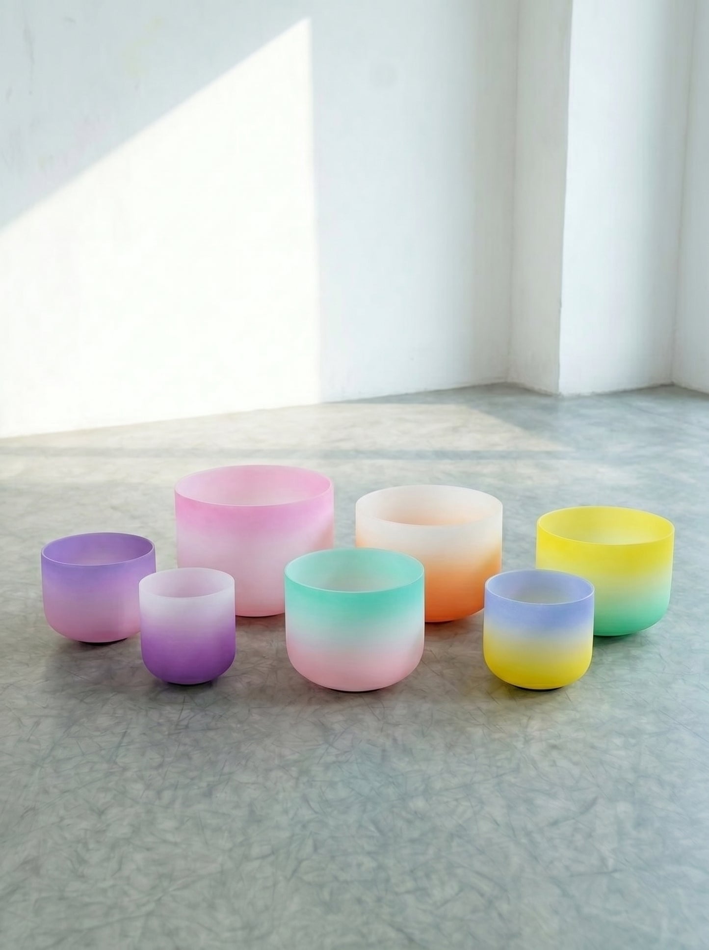 Set de 7 Cuencos de Cuarzo · Gradiente Pastel · 6"-12" ·  Afinación 432 Hz