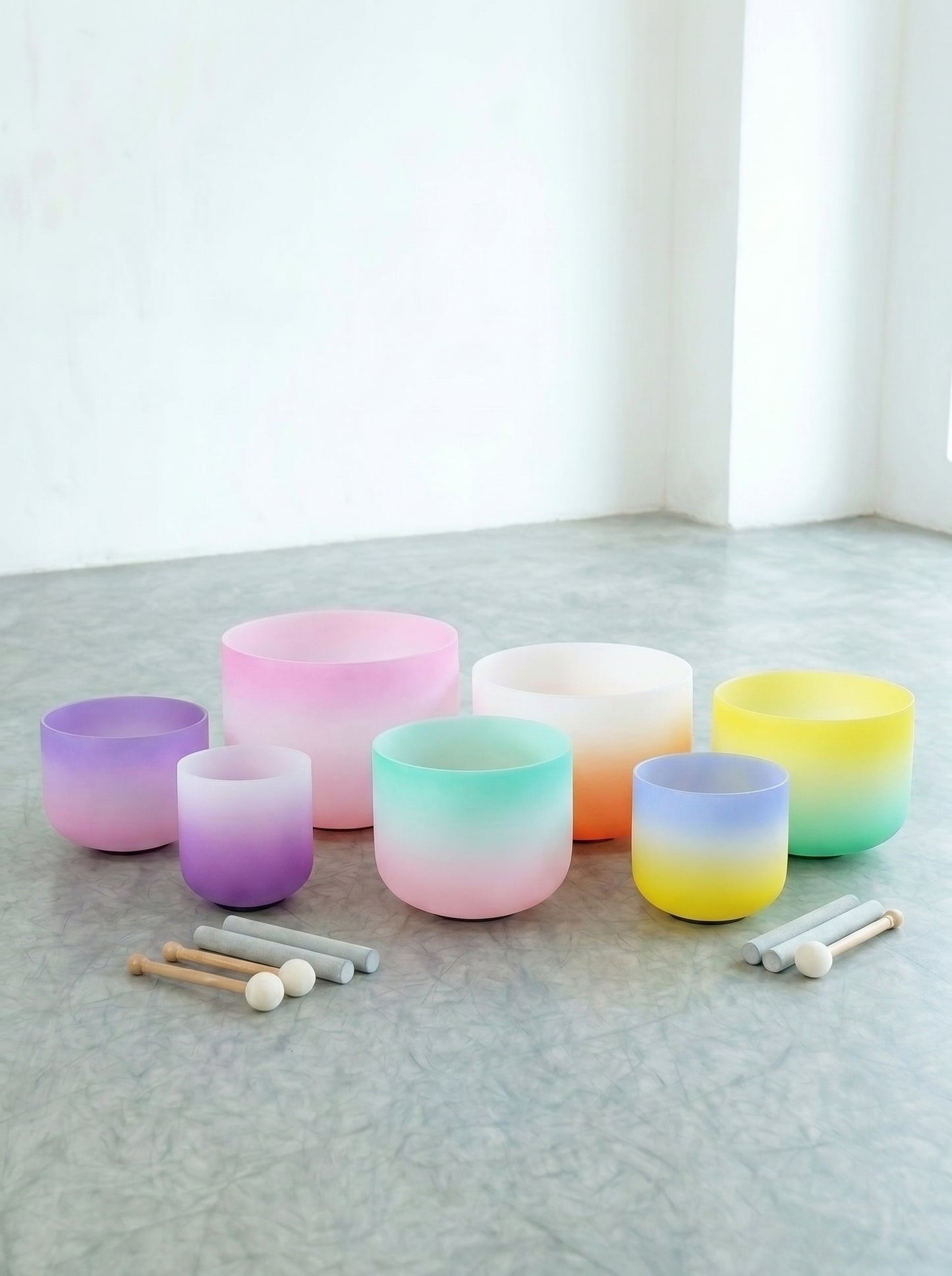 Set de 7 Cuencos de Cuarzo · Gradiente Pastel · 6"-12" ·  Afinación 432 Hz