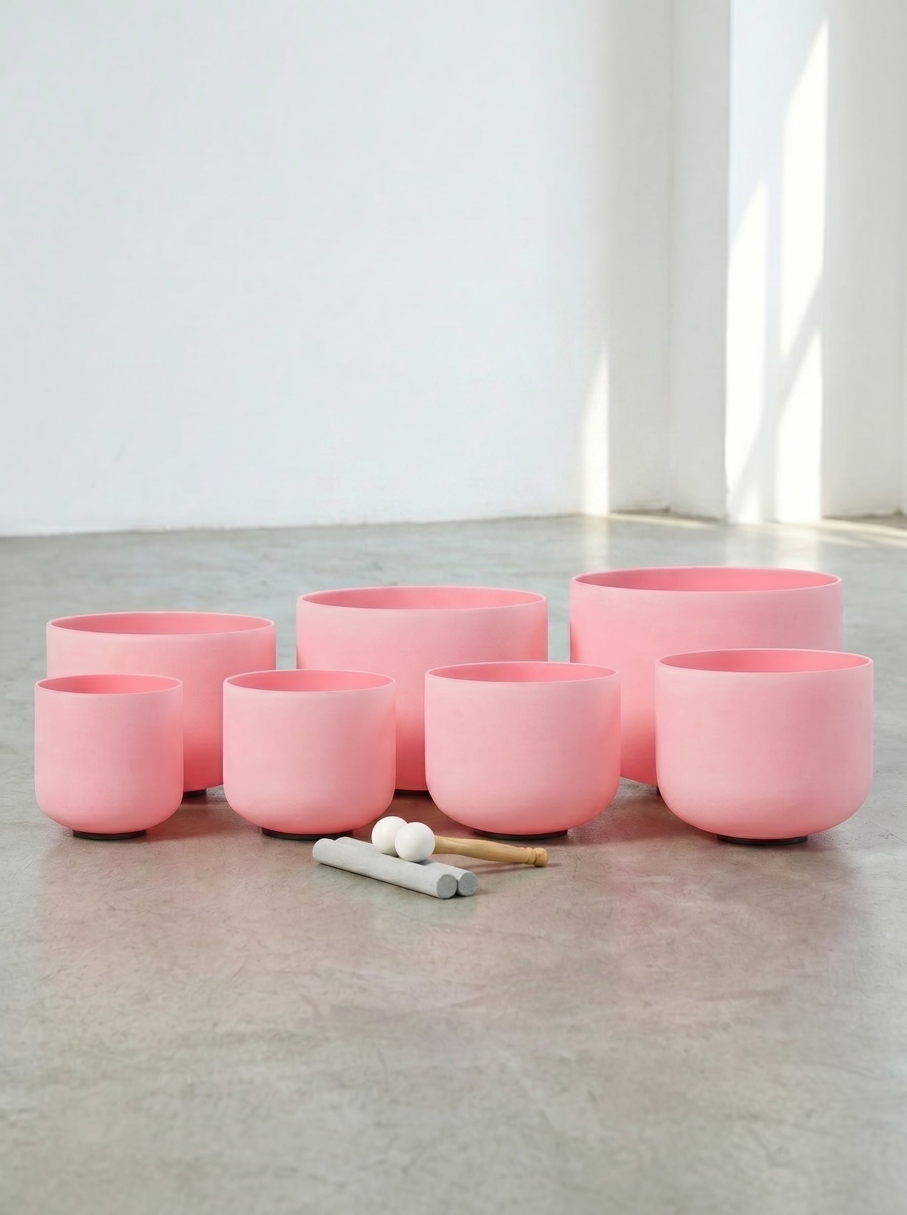 Set de 7 Cuencos de Cuarzo Rosa Pastel  6" - 12"  · 432 Hz